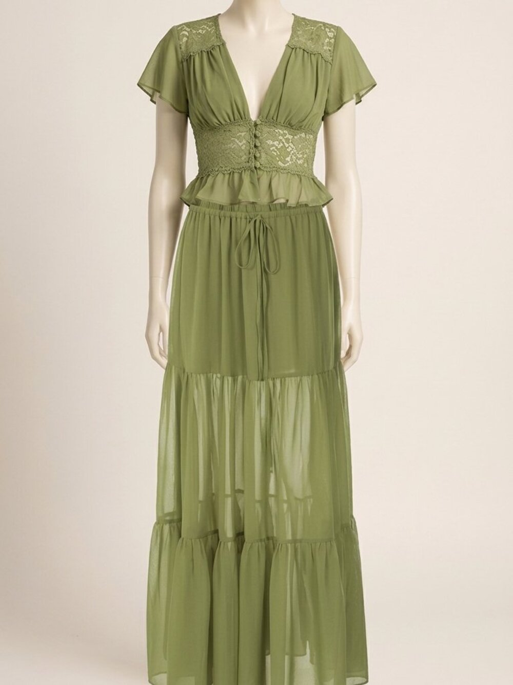 Hugcitar Women's Green V Neck Top & Long Skirt Two Piece Set Summer Vacation S